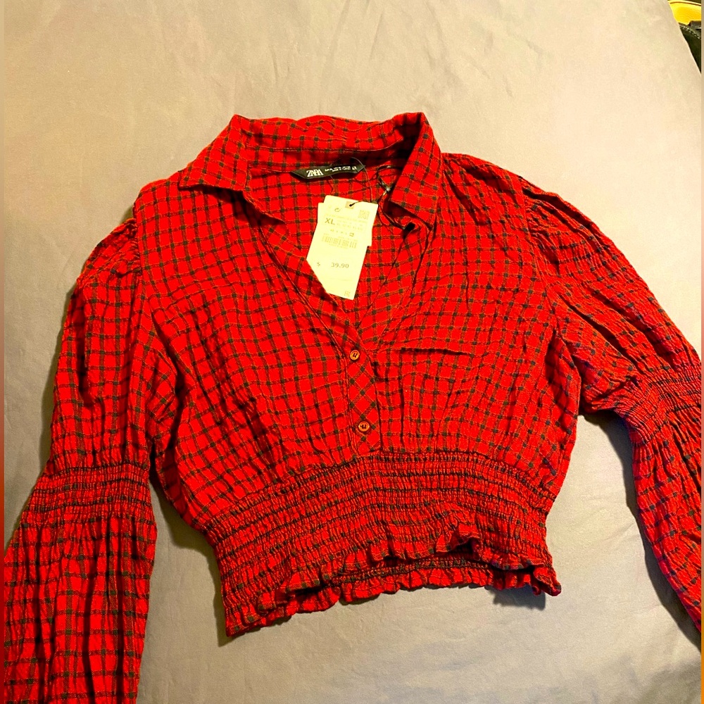 Never worn Zara crop top flare sleeve red & black checkerboard flannel top
